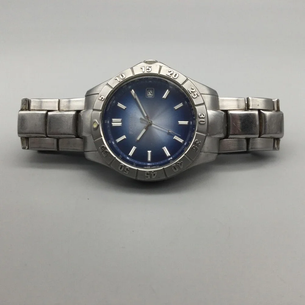 Fossil AM-3689 Mens Watch 40mm Blue Dial Date Stainless New Battery 7.5